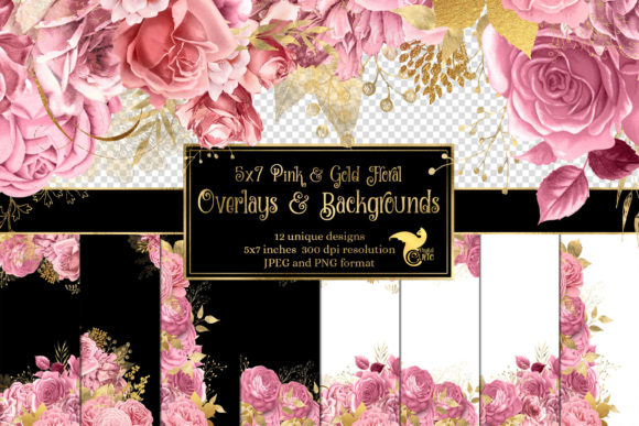 Download 5x7 Pink and Gold Floral Overlays - Ink Collection