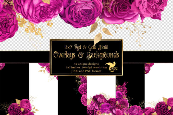 Download 5x7 Hot Pink and Gold Floral Overlays - Ink Collection