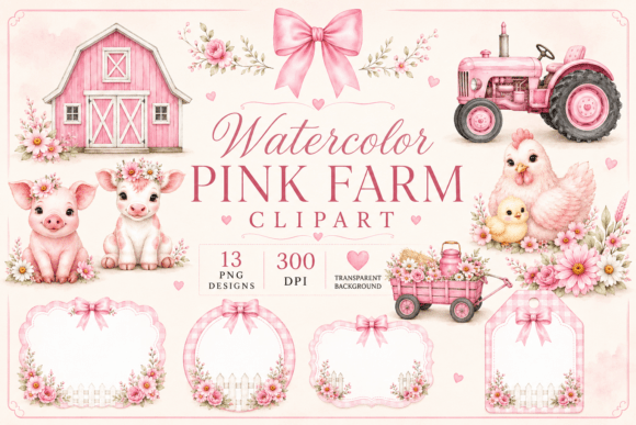 Download Watercolor Pink Farm Baby Clipart - Ink Collection
